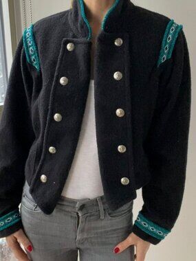 Vintage Black Military Style Embroidered Shoulder/Sleeves- Jacket/Blazer- Size M